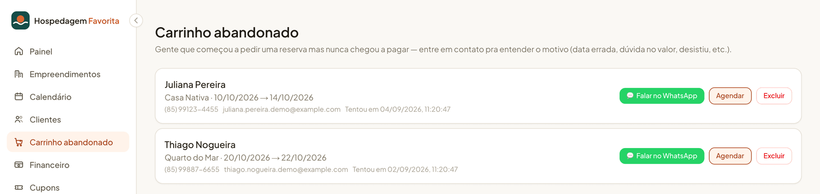 Lista de carrinho abandonado com contato do hóspede
