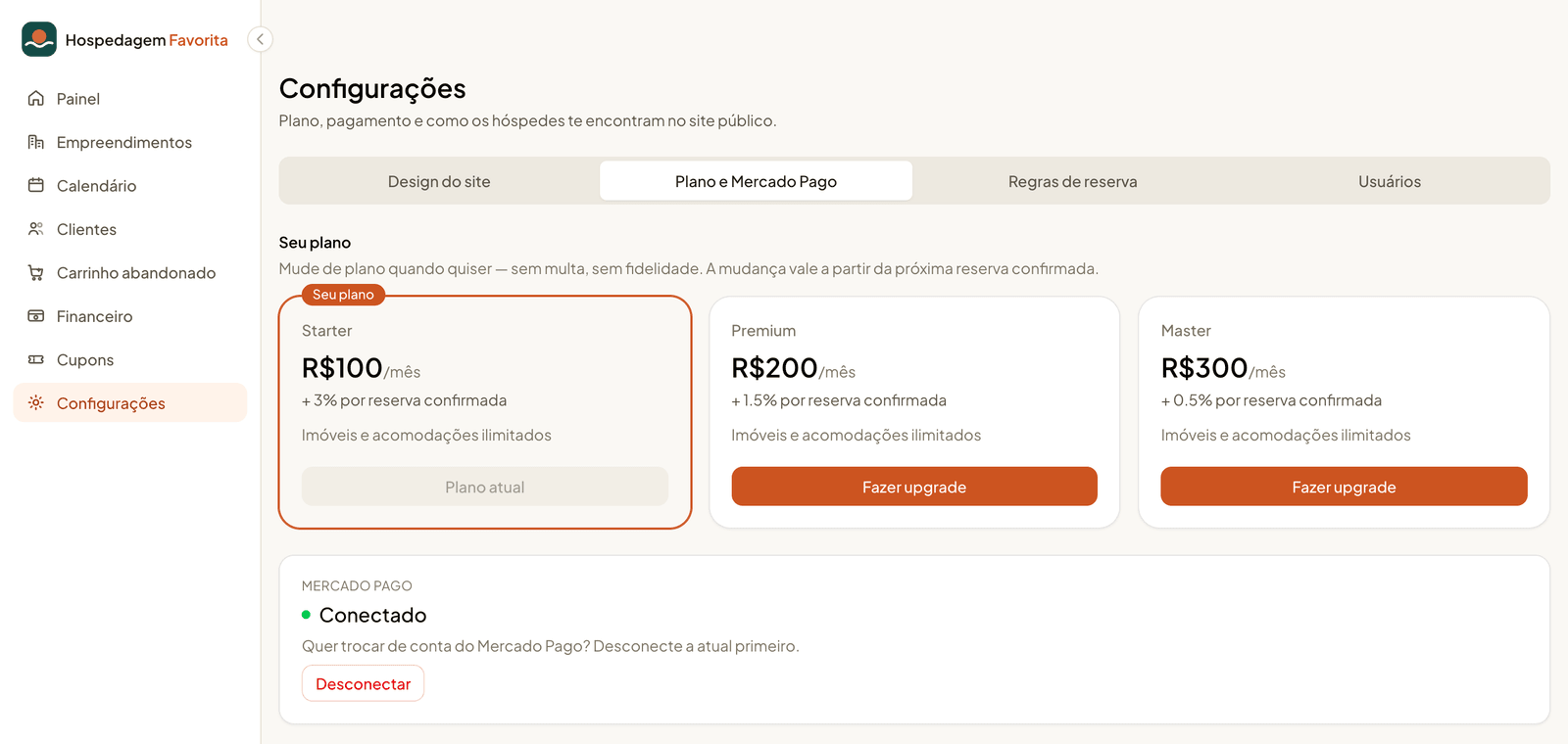 Tela de planos e conexão com o Mercado Pago