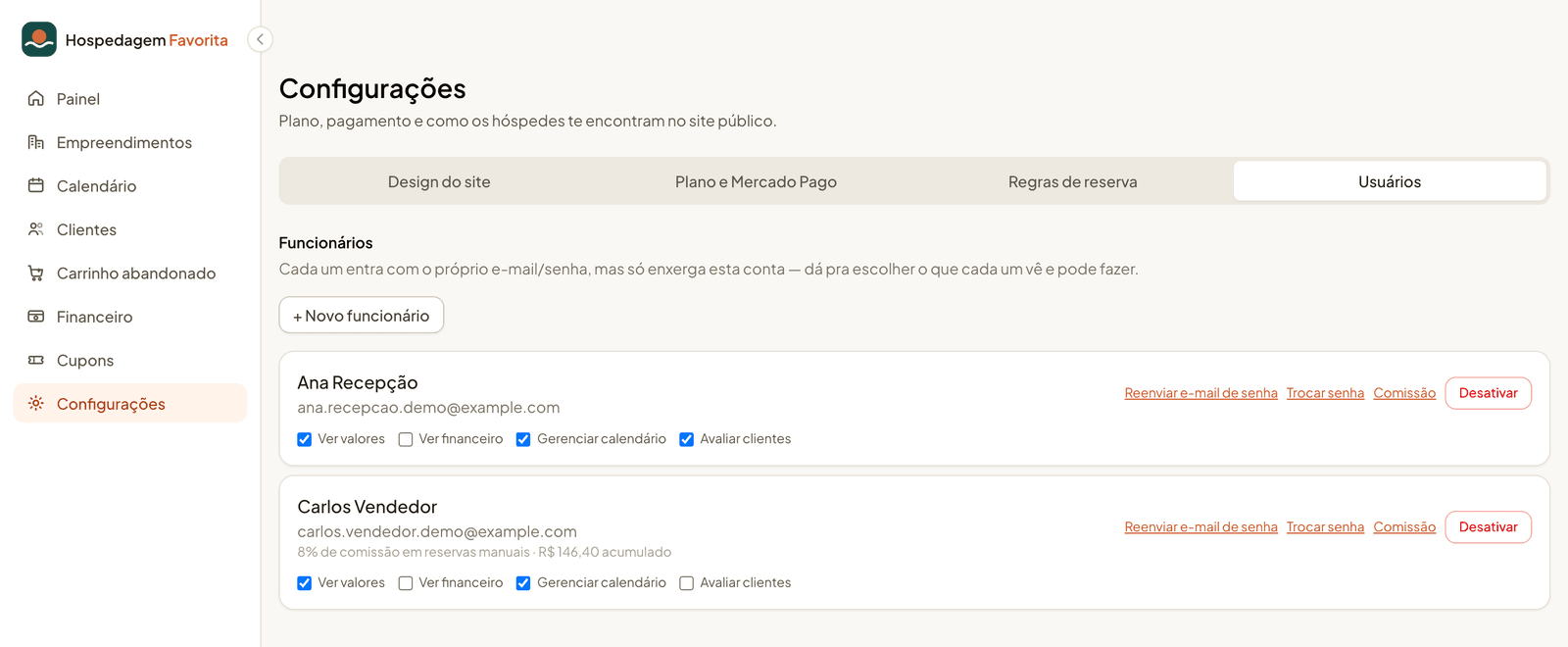 Lista de funcionários com permissões e comissão